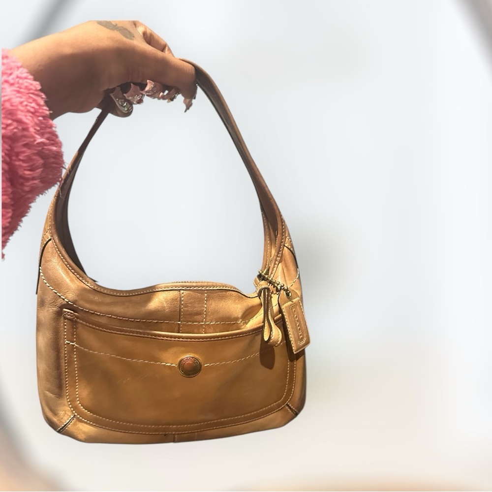 Coach Tan Mini Bag with Leather Material and Crescent Shape